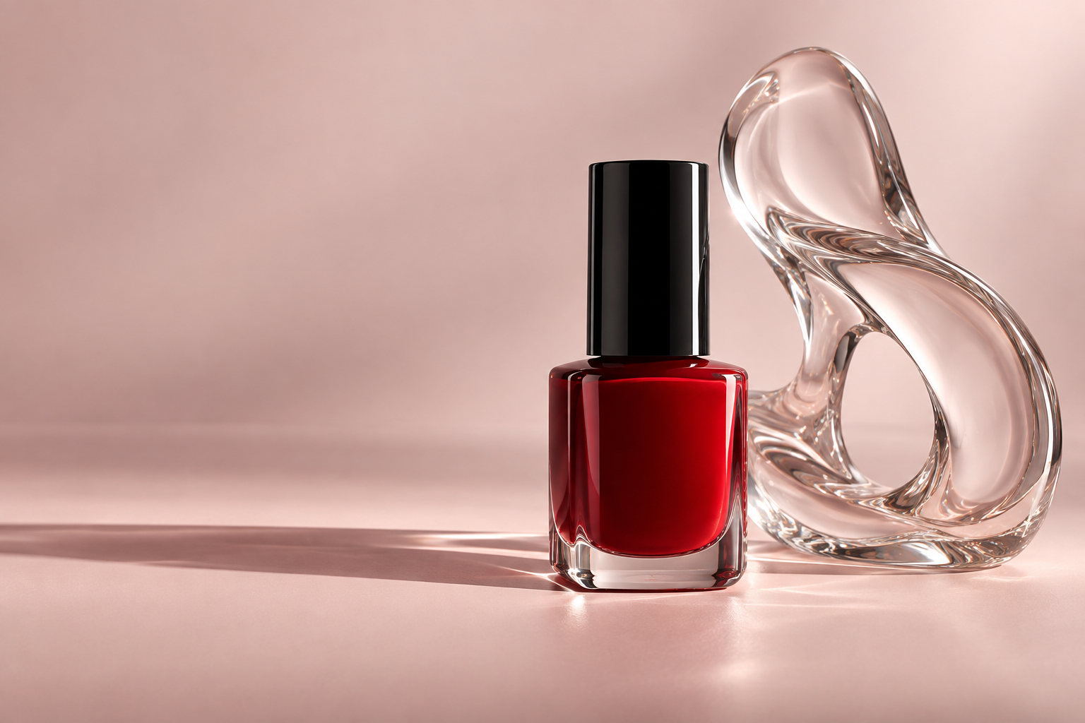 Illustrative still life of an unbranded cherry-red nail polish bottle beside a clear glass sculpture on blush